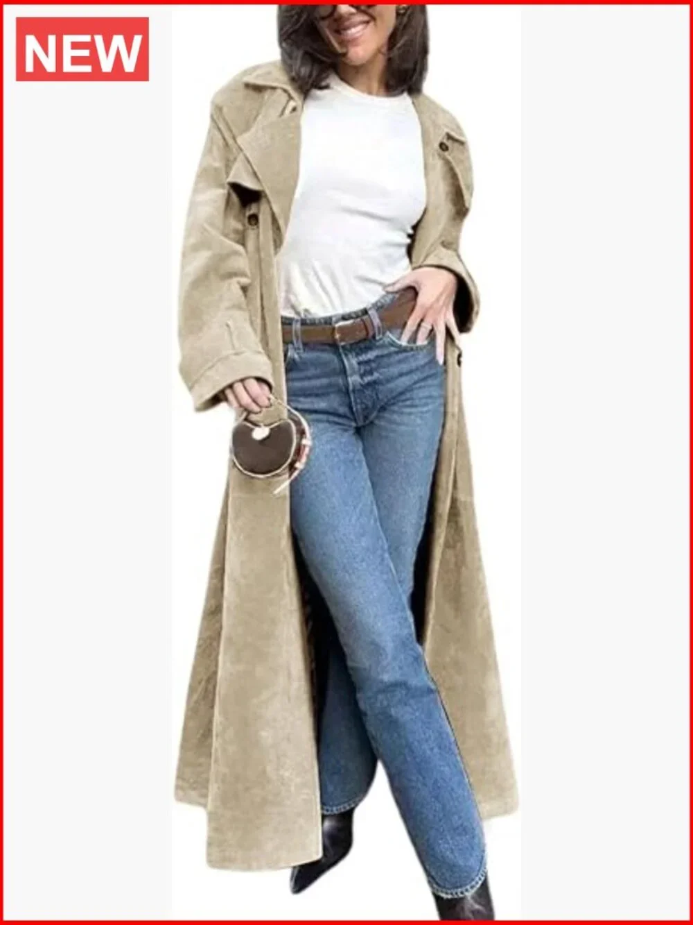 Faux Suede Long Trench Coat Notched Lapel Double Breasted Pea Coat Overcoat - Picture 1 of 7